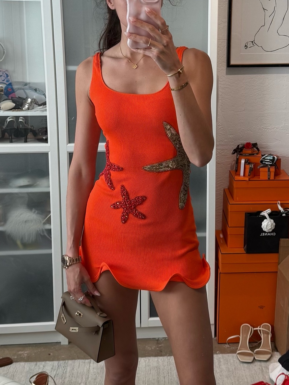 AHTHENTIC NWT Beaded Starfish Embellished Orange Mini Dress XS
